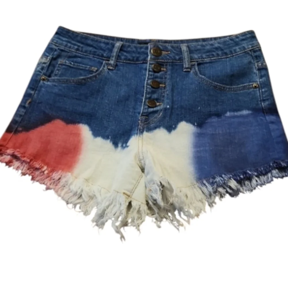 CP Shorts Womens Senim Jean Button Up Size 7 Juniors Fray Red White Blue Denim